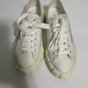 Prada White Canvas Low-Top Sneakers with Cream Tread